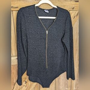 Eien Vintage Bodysuit Women's Sz 2XL Black Gold Glitter Long Sleeve Zip Y-1